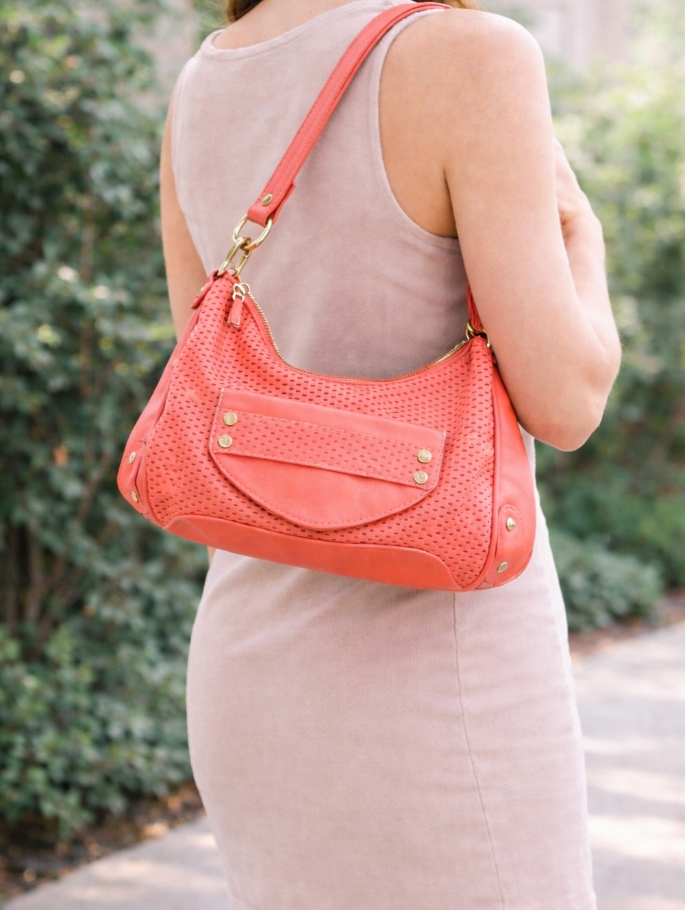OLIVIA & JOY coral mesh faux leather purse nwot